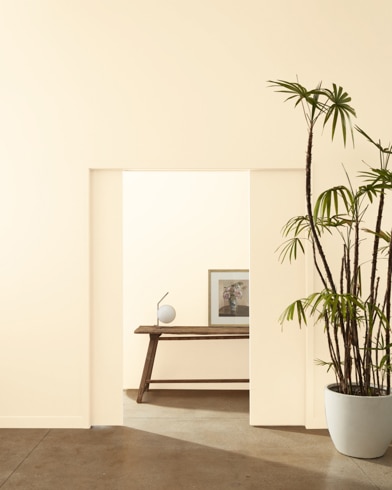 A ceramic potter with a palm tree stands at the entryway of multiple rooms painted Kansas Grain.